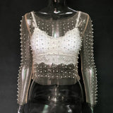 Graduation party Pearl Beading Bling Rhinestone See Through Crop Top Summer Mesh T Shirt Women Party Beach Holiday Lace Tops