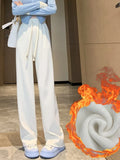 New Autumn Winter Women's High Waist Plus Velvet Wide Leg Pants Women Straight Warm Loose Trousers New Korean Lace Up