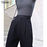 Black Suit Pants Women Spring Office Lady Straight Trousers Solid Color High Waist Pockets Pants Gray Button Zipper