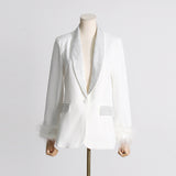 Toloer New Temperament Top Collar With Diamond Design Sense Cuff Stitching Ostrich Hair Long Sleeve Suit Spring Style-Outfit