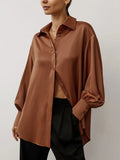Fashionable Young Ladies Shirt Vintage Women Brown Blouses Long Sleeve Office Tops Lapel Classic Oversize