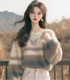 Toloer Fashion Style Sweater Korean Soft-Creative Languid Lazy Super-Good-Looking White Striped Print