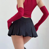 Pleated Mini Skirt Women V-shaped Low Rise Summer 2023 Sexy Vintage Y2k Solid A-line Miniskirt Korean Acubi