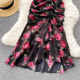 New Light Luxury Chiffon Print Dress Temperament Lotus Side Fishtail Dress Female Dress