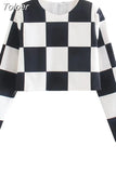 MODA Summer Women Sweet Fashion Check Print Cropped Blouses Vintage Long Sleeve Back Zipper Female Streewear Tops