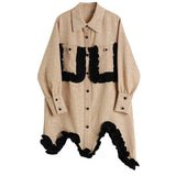 Women Khaki Irregular Ruffles Big Size Dress New Lapel Long Sleeve Loose Fit Fashion Tide Spring Autumn 2023