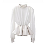 Black Casual Patchwork Ruffle Shirts Female Stand Collar Long Sleeve Gathered Waist Slim Fashion Woman Blouses