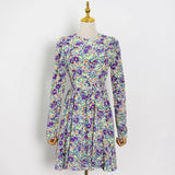 Print Temperament Spring Dress For Women O Neck Long Sleeve High Waist Sashes Blue Dresses Female Fashion New