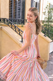 Printed Sweet Strap Sleeveless Striped Print Ruffles Midi A-line Holiday Smock