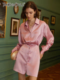 Pink Casual Mini Dress For Women Lapel Long Sleeve High Waist Solid Minimalist Dresses Female Spring Clothing