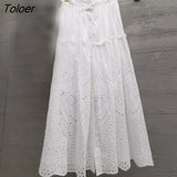 Boho Elegant White Long Skirt Women Hook Flower Hollow Folds Hem High-waisted Skirts Casual Holiday Female Clothes