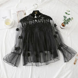 Women Tops Fashion Sexy Sheer Lace Blouse Lantern Sleeve 3D Floral Blouses Shirts Elegant Top Blusas