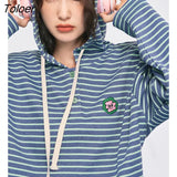 Women Sweatshirts 2022 Autumn Long Sleeve O Neck Button Stripes Hoodies Embroidery Pattern Casual Streetwear