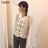 Vest Women Vintage Outerwear Slim Single Breasted V-neck Hollow Out Patchwork Knitting Art Retro Newest Design