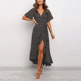 New Vintage Printed Long Maxi Dress Women Summer Boho Beach Split Dress V Neck Short Sleeve Ruffles Casual Warp