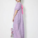TWOTWINSTYLE Casual Purple Gingham Summer Long Dress Female Round Neck Puff Short Sleeve High Waist Midi Dresses For Women