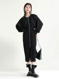 Women Black Zipper Slit Long Elegant Dress New Round Neck Long Sleeve Loose Fit Fashion Tide Spring Autumn 2023