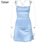 Solid Satin Dress Women Party Club Sexy 2023 Spring Summer Backless Bandage Mini Dresses Elegant Vestido Clothes