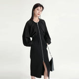 Women Black Zipper Slit Long Elegant Dress New Round Neck Long Sleeve Loose Fit Fashion Tide Spring Autumn 2023