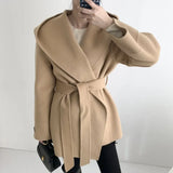 Women Solid Color Wool Coats With Belt Long Sleeve Hooded Pockets Coats Female Chic Elegant