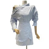 TWOTWINSTYLE White Vintage Dress For Women Irregular Collar Long Sleeve High Waist Patchwork Fake Two Mini Dresses Female