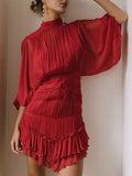 Vintage Fold Dress Long Lantern Sleeve Turtleneck High Waist Slim Summer Dresses Women Fashion Clothes 2023