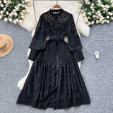 Dress Woman's Spring 2025 New French Elegant Embroidered Lantern Sleeves Waist Single Buckle Large Swing