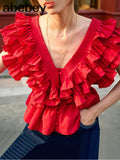 Casual Patchwork Ruffle Shirts For Women V Neck Short Sleeve Ruched Slim Blouses Female 2022 Summer Fashion