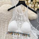 Wearing A Holiday Style Suit Female Retro Hook Hanging Neck Vest + Hollow Open Shirt + Half-Dress Three-Piece