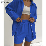 High Street Sweatshirt Shorts Sets Lapel Long Sleeve 2 Pieces Outfit Summer Elastic Waist Straight Shorts Women's Suit