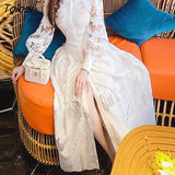 Embroidery Lace Dress Women 2023 Elegant Long Sleeve Vestido Party Autumn Hook Flower Hollow Vintage Woman Clothing