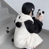 Autumn Winter Kawaii Hoodies Women Japanese Soft Girl Lambswool Cute Panda Ear Oversized Hoodie Preppy Style Button
