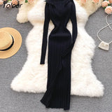 Women Korean Knitted Dress Long Sleeve V Neck Elastic Slim Pencil Dresses 2021 Autumn Sexy Bodycon Split Sweater