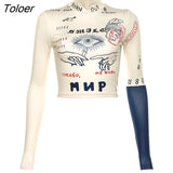 Autumn New Women T-shirt Long Sleeve Turtleneck Top Letter Print Skinny Tee Streetwear Sexy Slim Tee woman