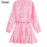 Women Sweet Totem Floral Print Big Swing Mini Shirt Dress Female Chic Lantern Sleeve Casual Slim Lace Up Vestidos
