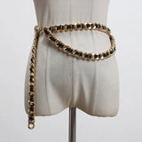 Pu Leather Black Metal Chain Split Joint Long Belt Personality Women New Fashion Tide All-match Spring 2022