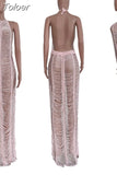 Crochet Knit Beach Long Dress for Women Summer Halter Neck Backless See Through Robe Elegant Solid Holiday Vacation