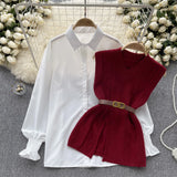 Style Suit Women's Casual Long-Sleeved Shirt + Waist V-Neckless Knitted Vest Two-Piece