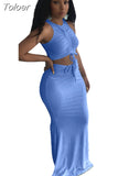 Orange Ruched Drawstring Sleeveless Tank Top and High Waist Mermaid Maxi Skirt for Women Elegant Body-shaped Two Pcs