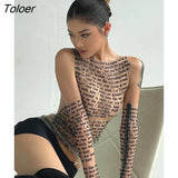 Mesh Letter Printted T-shirt Women O-Neck See Through Sexy Tank Tops With Golve High Street Basic Slim Y2K Top Tee