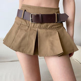 Casual Brown Pleated Mini Skirt Ladies High Waisted Short Skirts Womens With Belt Korean Fashion 90s Summer