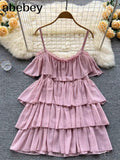 Spaghetti Strap Woman Dress Summer Solid Ruffles Off Shoulder Sundress Elegant Chiffon A-Line Beach Boho Dresses