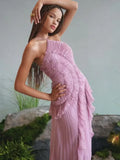 Spring And Summer New Folded Lotus Leaves Hanging Neck Bare Back A Swing Chiffon Fluttering Long Skirt