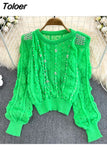 Autumn Women Long-sleeved Knitwear With Diamond Hollow Korean Fashion Round Neck Casual Loose Pullover Ladies Knit