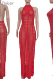 Crochet Knit Beach Long Dress for Women Summer Halter Neck Backless See Through Robe Elegant Solid Holiday Vacation