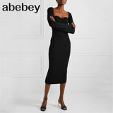 NEW SPRING and winter sqaure collar flare sleeves knitting sexy slim pullover long knits dress female