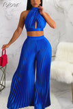 Spring Summer Two Piece Pant Suits Sexy Off The Shoulder Backless Crop Top and High Waist Pleated Wide Leg Long Trouser