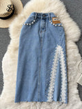 Splice Lace Jeans Women Skirt 2022 Beading Packet Split Button Y2K Fashion Sexy Ladies A Line Korean Long