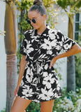 Printed Casual Turn-down Collar Short Sleeves Floral Print Belted Loose