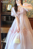 Vintage Mesh Dress Women Summer Blue White Black Retro Evening Party Dresses Sweet Korean Princess Fairy Dress